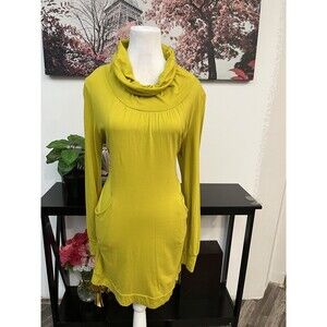 Pink Twill Cotton Modal Tunic Dress Medium Lime Green Cowl Neck Pockets Soft
